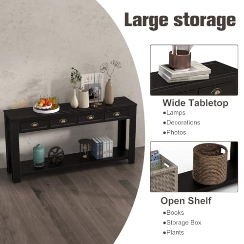 kinbor Long Sofa Table - Black 60 Inch Console Tables for Living Room, Hallway Table with 4 Drawers, Modern Wood Entryway Table with Storge Shelf kinbor