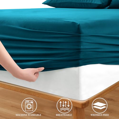 Horbaunal Extra Deep Pocket Queen Fitted Sheet Only - Fits Up to 24 Inch Mattress - Luxury 1800 Thread Count - Microfiber Teal Fitted Bed Sheet Queen Size Horbaunal