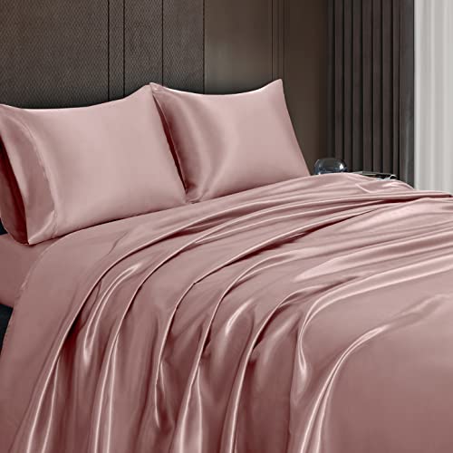Homiest 4pcs Satin Sheets Set Luxury Silky Satin Bedding Set with Deep Pocket, 1 Fitted Sheet + 1 Flat Sheet + 2 Pillowcases (Queen Size, Rose Gold) Homiest