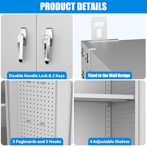 Upgraded Wide and Deep Garage Storage Cabinet with Wheels and Doors,Metal Storage Cabinet with Pegboards and 4 Adjustable Shelves for Garage Home Basement,Required Assembly,White,43.3"Wx21.9"Dx72"H Reemoon