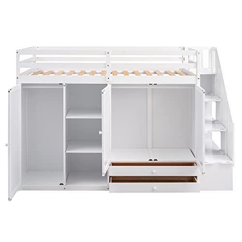Merax Twin Loft Bed with Stairs, Functional Loft Bed with Wardrobe, Shelves and Drawer, Wooden Loft Bed Frame, No Box Spring Needed Merax