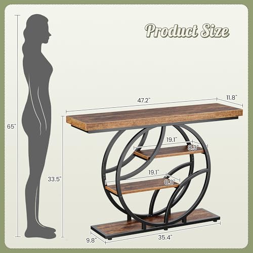 Huuger 47.2 Inch Entryway Table, Industrial Console Sofa Table with Storage, Accent Table with Shelves, for Entry, Hallway, Entrance, Foyer, O-Shaped Metal Frame, Rusitc Brown Huuger