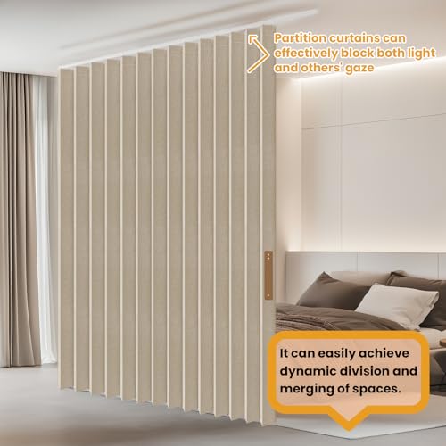 JILRON Accordion Folding Room Partition with Ceiling Track - Retractable Room Divider Curtain, Effortless Setup(Beige 100" W x 84" L-Pack of 1) Jilron