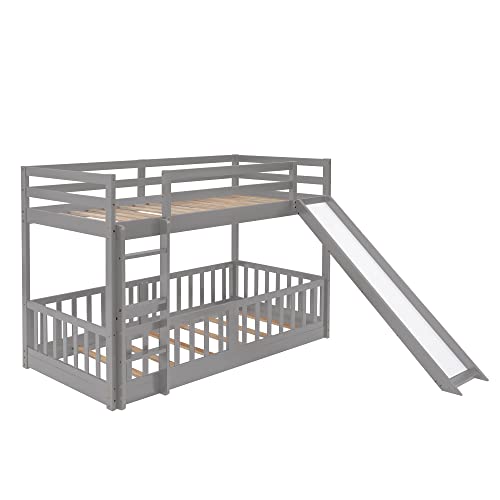 Bellemave Twin Over Twin Floor Bunk Bed with Slide and Ladder, Low Bunk Bed for Kids, Girls, Boys, Removable Fence, Gray Bellemave