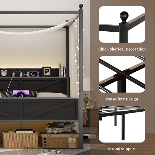 Tsovihe Queen Size Canopy Bed Frame with Barn Door Storage Headboard, Metal Slats Support LED Light & Charging Station/No Box Spring Needed/Easy Assembly/Curtain Not Included/Black