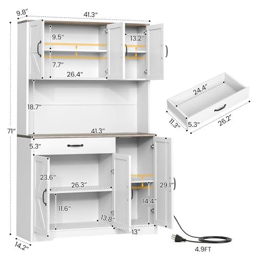 GRUSIGN 71" Pantry Cabinet with Charging Station, Large Capacity Kitchen Hutch Storage Cabinet, Kitchen Cabinet with Microwave Stand, Storage Drawers & Adjustable Shelves for Dining Room, White GRUSIGN