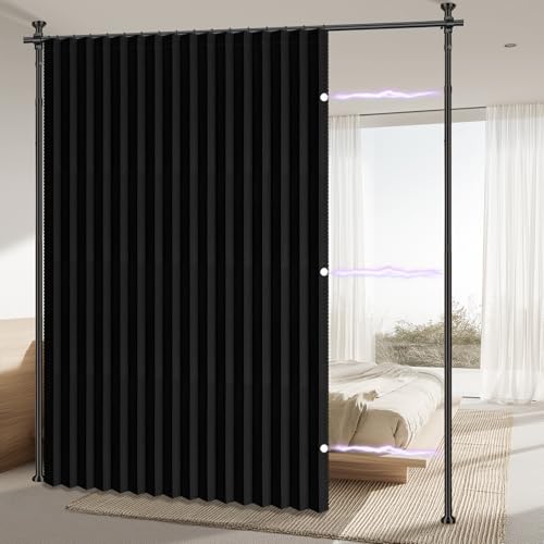 AJAZZ Room Divider Curtain (Black, W100 x L84 in, 1 Panel)+ Tension Curtain Rod No Drilling (H) 43-120×(W) 35-100 in, for Privacy/Soundproof Curtains, Heavy Duty Wall Separator AJAZZ