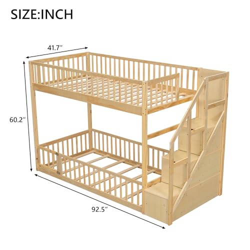 Merax Twin Over Twin Floor Bunk Bed with Storage Ladder and Guardrails, Wood Twin Bunk Bed for Kids Teens Adult, Natural Merax