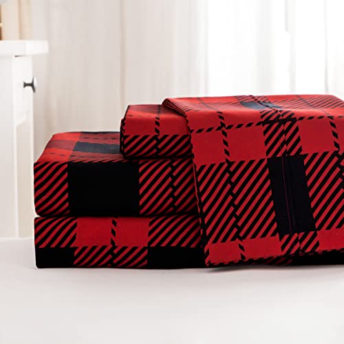 KACEMOO King Size Bed Sheets Set 4PC - Red Black Plaid Printed Sheet Soft Cooling 1800 Thread Count Brushed, 8-17'' Deep Pocket Kids Pattern Bed Sheet, Machine Washable Patterned Double Bedding Set KACEMOO