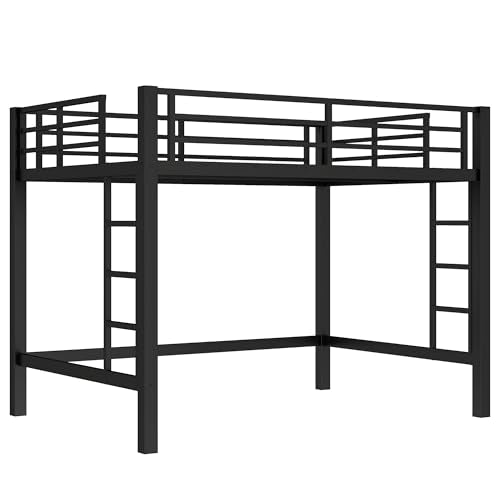 Full Size Metal Loft Bed with Safety Guardrails & Dual-Side Ladders for Kids Teens Adults,Heavy Duty Metal Loft Bed Frame with Sturdy Steel Slats & Large Under-Bed Space for Student Bedroom Dorm,Black FUvellamo