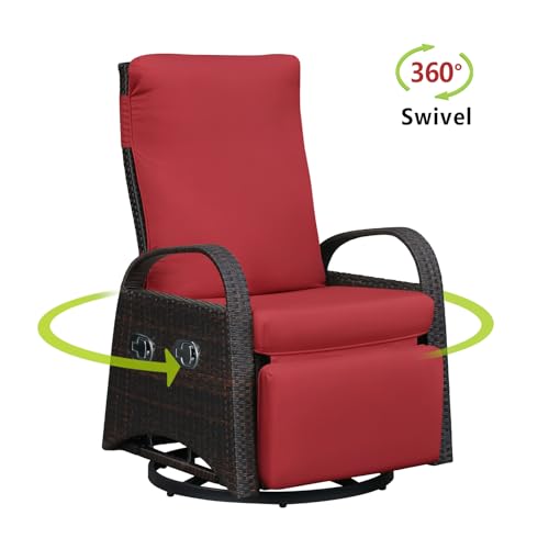ATR ART TO REAL Outdoor Swivel Chair, Wicker Outdoor Recliner for Patio Dual-Adjust Reclining Lounge Chair with Removable Soft Cushion, for Patio, Porch, Poolside, Balcony, Lawn (Red)