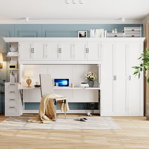Merax Murphy Bed Wall Bed with Wardrobe, Cabinet and Desk, Twin Size, White Merax