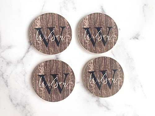 Personalized Coasters for Drinks CustomCoaster Set Monogrammed Initial Name Housewarming Gift Handmade by The Painted Pug (Dk Brown Barnwood) The Painted Pug