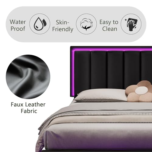 IMMERSTABLE Floating Bed Frame Queen, Queen Upholstered Bed Frame with Headboard, RGB LED Ligths, Solid Wood Slats Support, No Box Spring Needed, Noise-Free, Easy Assembly, Black IMMERSTABLE