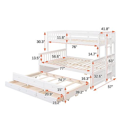 Harper & Bright Designs Twin Over Full Bunk Bed with Trundle, Solid Wood Bunk Bed Frame with Storage Drawers, for Kids Teens Adults (White) Harper & Bright Designs