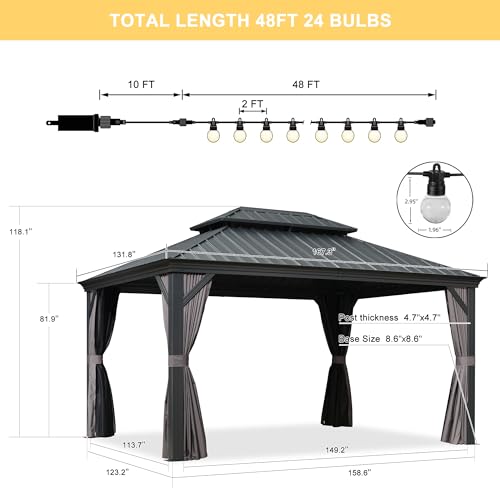 PURPLE LEAF 11' X 14' Hardtop Gazebo with Light Galvanized Steel Double Roof Outdoor Gazebo for Patio Lawn and Garden Curtains and Netting Included Grey PURPLE LEAF