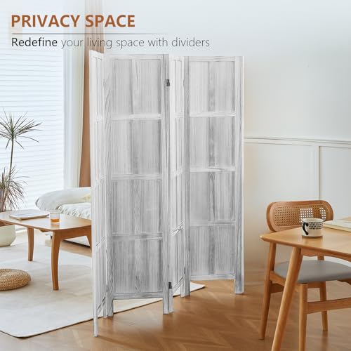 Asnefeli Wood Room Divider 4 Panel, 5.6 FT Tall Room Divider and Folding Privacy Screen, Partition Divider for Room Separation, Wooden Wall Divider Screen for Home Office Bedroom (Retro White) Asnefeli