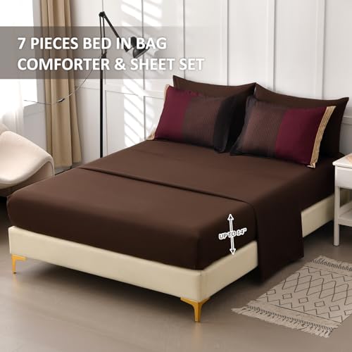 Anibedding Red and Brown Comforter Set King Size, Boho Burgundy Striped Bedding Comforter Set 7 Piece Bed in a Bag, Soft Microfiber Down Alternative Farmhouse Bedding Set for All Season(104"x90") Anibedding