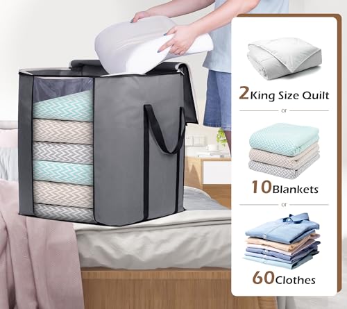 SLEEPING LAMB 120L Extra Large Blanket Storage Bags Breathable Clothes Storage Containers for King Comforter Bedding Pillow Sheet, Reinforced Handles, Grey SLEEPING LAMB