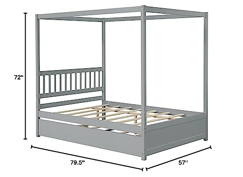Bellemave Full Size Canopy Bed with Twin Size Trundle, Wood Full Platform Bed with Headboard, Modern 4 Poster Panel Bed for Kids, Teens, Adults. No Box Spring Needed (Gray) Bellemave
