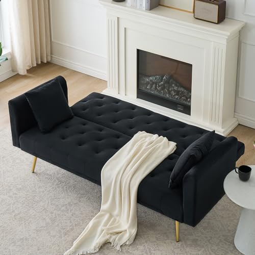 71" Modern Velvet Sofa Bed Futon, Convertible Sleeper Couch with Adjustable Backrest, Tufted Recliner Loveseat with Golden Chrome Legs & 2 Pillows for Small Spaces, Living Room, Apartment (Black) Generic