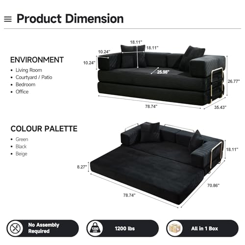 SEQAVRW 79" Boneless Sofa Bed, 5-in-1 No-Assembly Convertible Sleeper Couch with Fixed Frame Armrests, Modular Corduroy Futon, Compressed in a Box for Space Saving (Black, Includes 2 Pillows) SEQAVRW