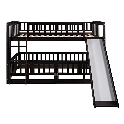 Merax Full Over Full Bunk Bed with Slide, Low Bunk Bed with Fence and Ladder, Solid Pine Wood Structure forBedroom, Espresso Merax