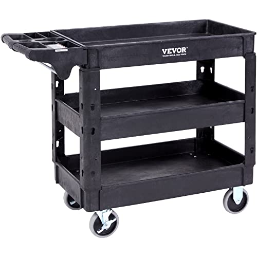VEVOR Utility Service Cart, 3 Shelf 550LBS Heavy Duty Plastic Rolling Utility Cart with 360° Swivel Wheels (2 with Brakes), Medium Lipped Shelf, VEVOR