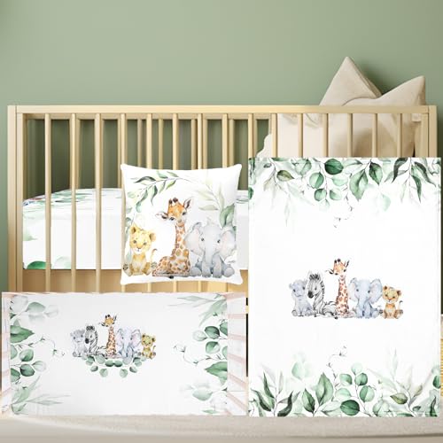 HunnmingRe Baby Safari Animals Crib Bedding Set 3 Pcs Crib Set Baby Blanket, Fitted Sheet, Pillowcase Soft Flannel Nursery Bedding for Standard Infant Bed and Toddler Mattress Newborns Gifts HunnmingRe