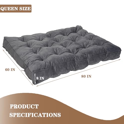 DHMAKER 8-inch Futon Mattress Queen Size, Thick Futon Sofa Couch Bed Foldable Floor Sleeping Pad for Adults, Portable Floor Bed Mattress, Velvet Tatami Mat (Frame Not Included), Deep Grey, 60"x80" DHMAKER