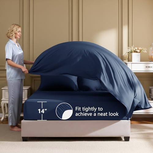 HIMEET Queen Comforter Set - 7 Pieces Bed in a Bag Queen Size, Luxury Comforter Set with Sheets for All Season, Bed Set with Comforter, Flat Sheet, Fitted Sheet, Pillowcases & Shams, Navy Blue HIMEET