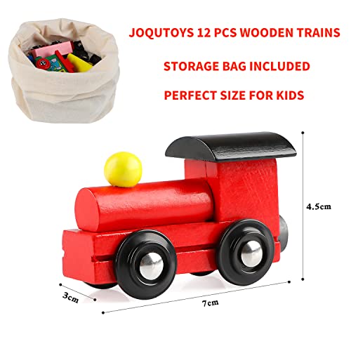 Joqutoys 12 PCS Wooden Train Cars, Train Toys Magnetic Set Includes 3 Engines and Storage Bag, Toy Train Sets for Kids Toddler Boys and Girls, Compatible with Major Brands Train Tracks Set Joqutoys