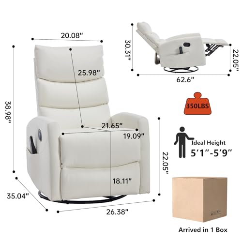 PELUMY 360° Swivel Rocker Recliner with Heat & Vibration Massage, Glider Rocking Chair for Adults, Compact Recliner for Living Room, Small Spaces, Nursery, Bedroom (Breathable Leather, White)