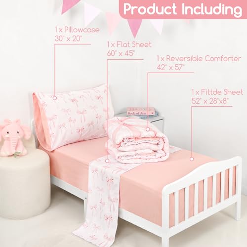 DAYEEBALL 4 Piece Toddler Bedding Set, Ultra Soft and Breathable Toddler Comforter Sets for GirlsIncludes Quilted Comforter, Fitted Sheet, Flat Sheet and Pillowcase, Pink Bow DAYEEBALL