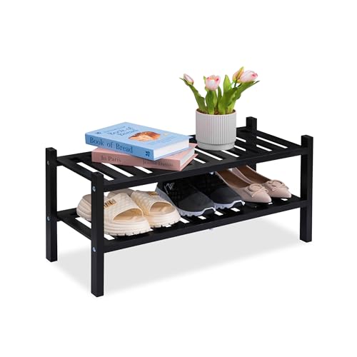 VICTORY RELAX 2 Tier Acacia Wood Shoe Rack, Shoe Storage Shelf, Stackable Organizer for Closet, Entryway Shoe Stand, Hallway, Garage, Wooden Shoe Storage Rack, Indoor, Outdoor (Black) VICTORY RELAX