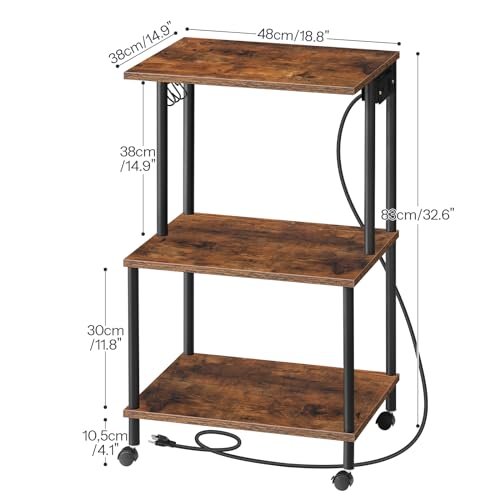 HOOBRO Printer Stand, Large Printer Table with Charging Station, Industrial Printer Storage Shelf with Wheels, 3-Tier Rolling Printer Cart for Home Office, Rustic Brown and Black BF48UPS01 HOOBRO