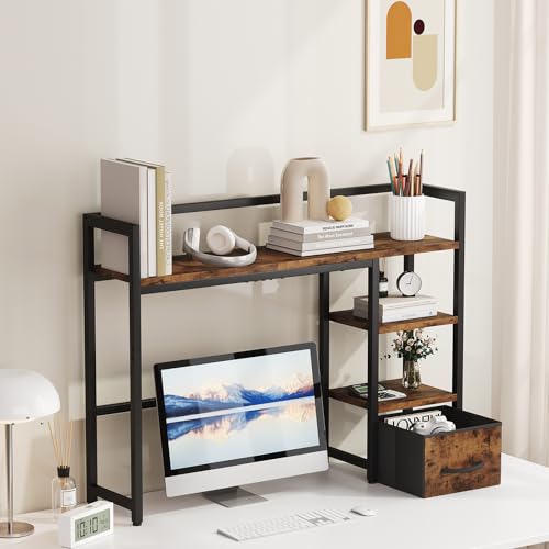 Marbrasse Desk Shelf with Drawer, 40" Desk Hutch for Computer Monitor, Wooden Desktop Bookshelf Storage Rack for Home Office Dorm - Dark Brown Marbrasse