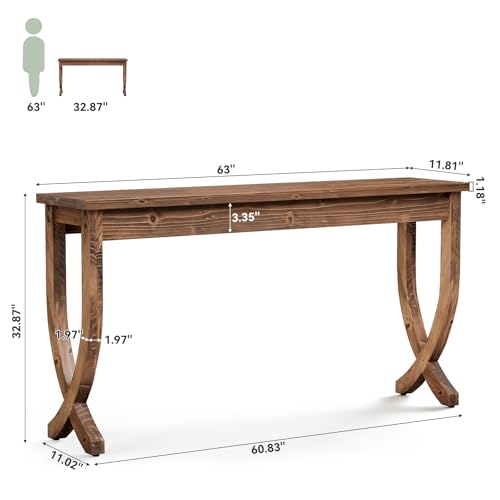 TRIBEWOOD Solid Wood Console Table for Entryway, 63-Inch Long Sofa Table, Farmhouse Hallway Table for Living Room, Entrance, Foyer (Brown) TRIBEWOOD