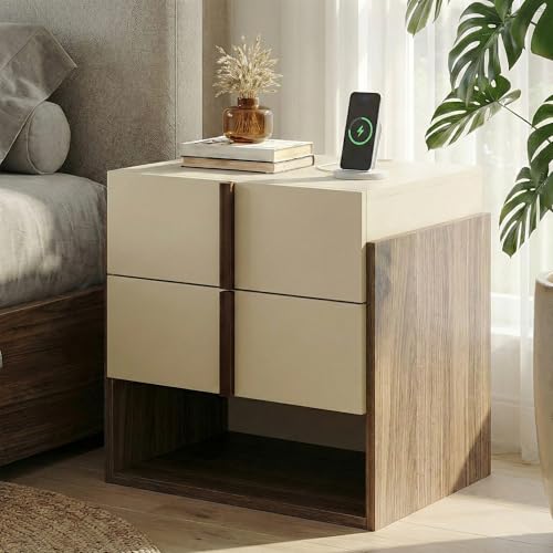 Mid-Century Modern Nightstands Set of 2 with Charging Station, MCM Walnut Bedside Tables with Drawer & Storage Shelf, Wood End Tables for Bedroom & Living Room FurniXpress