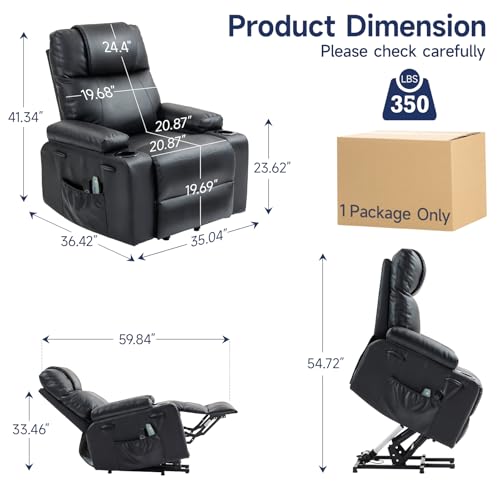 Brage Living Power Lift Recliner Chair for Elderly with Massage & Heat, PU Leather Electric Recliner with USB Charge Port, 160° Adjustable Recline, Stand Assist, Remote Control, Cup Holders (Black)