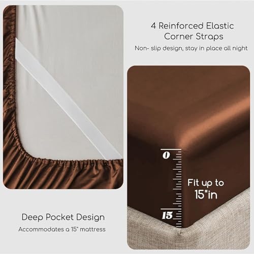 MR&HM Satin Bed Sheets, King Size Sheets Set, 4 Pcs Silky Bedding Set with 15 Inches Deep Pocket for Mattress (King, Brown) MR&HM