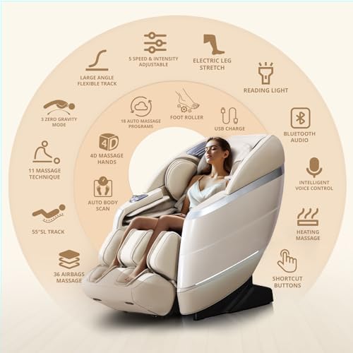 HealthRelife 4D Massage Chair Full Body, 166° Flexible Track, 18 Modes, 11 Techniques, 36 Airbag Massage, with Yoga Stretch, Foot Massage, Zero Gravity Massage Recliner(Beige) HealthRelife