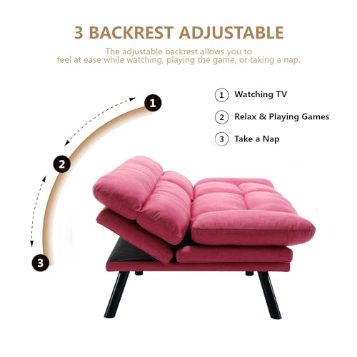Modern Linen Velvet Convertible Folding Futon Couch Sofa Bed Adjustable Pillow Top Arm Memory Foam Couch Double Loveseat Sofa for Compact Living Space,Dorm,Game Studio,Apartment,Bedroom (Rose Red) Klwenas Maec