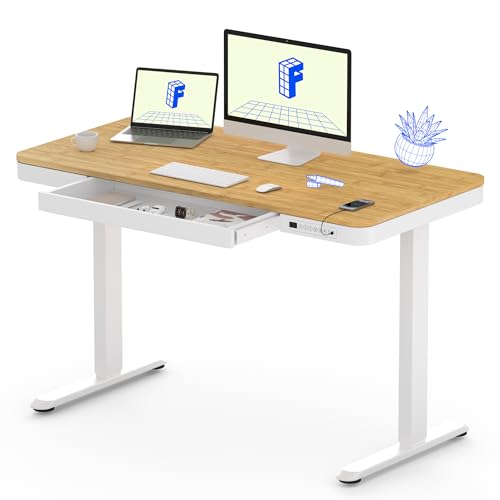 FLEXISPOT Comhar Electric Standing Desk with Drawer Desktop & Adjustable Frame w/USB Charge Ports (Bamboo-Look Laminate/White, Wood) FLEXISPOT
