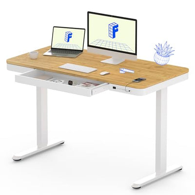 FLEXISPOT Comhar Electric Standing Desk with Drawer Desktop & Adjustable Frame w/USB Charge Ports (Bamboo-Look Laminate/White, Wood)