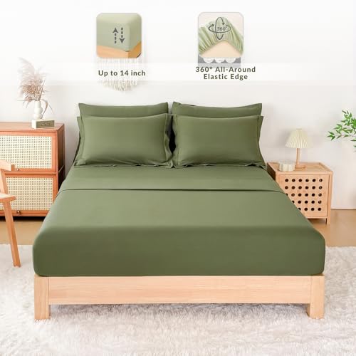 FMLIUY Twin/Twin XL Comforter Duvet Cover Set Olive Green - 7-Piece Bed in a Bag, Festive Gift Double Brushed Micorfiber All-Season Soft Bedding with Sheets & Envelope Pillowcases (68"x88",Twin) FMLIUY