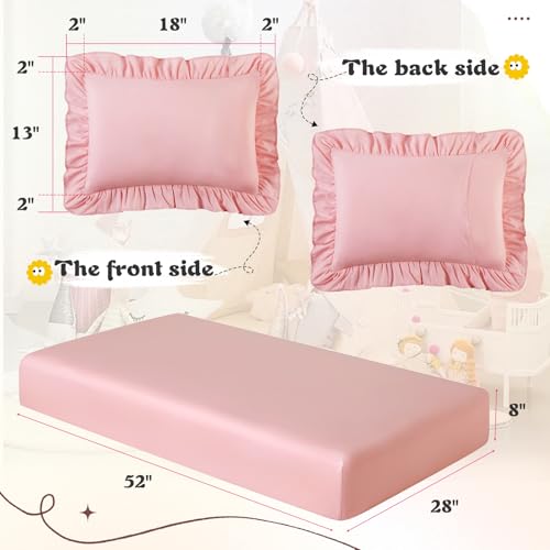 KKJIAF 3 Piece Toddler Sheet Set Microfiber, Includes a Flat Sheet, a Fitted Sheet and a Ruffle Pillowcase, Light Pink KKJIAF