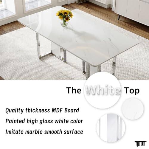 MEMUY 79" Modern Dining Table Set for 8,White Dining Room Table Set with Silver Chrome Pedestal,79" Glossy Kitchen Room Table Set for 8-10 Person,Dining Room Table with 8 Chairs,Faux Marble MEMUY