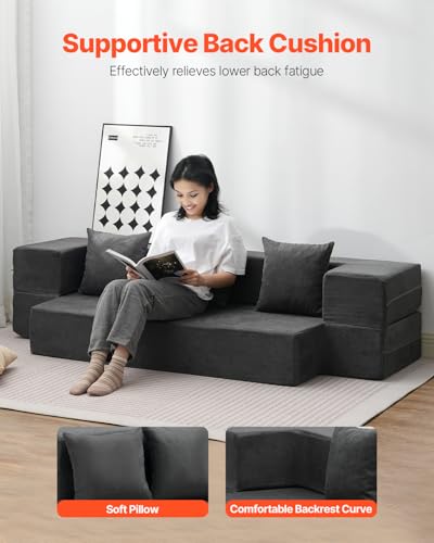 VEVOR Folding Sofa Bed, 3-in-1 Foldable Couch Bed with 3 Pillows and Washable Cover, 25D High Density Memory Foam Convertible Sleeper Chair Bed, Futon Couch for Living Room, Bedroom, Dark Grey(Twin) VEVOR