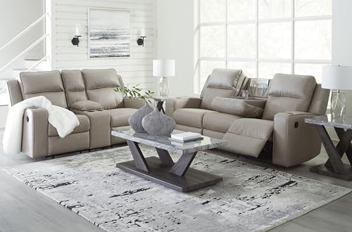 Signature Design by Ashley Lavenhorne Contemporary Faux Leather Manual Reclining Loveseat with Console and Cup Holders, Beige Signature Design by Ashley